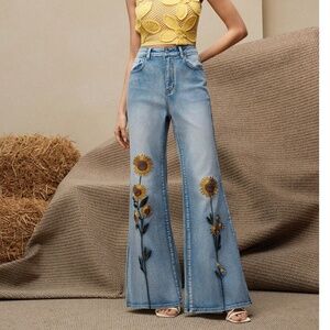 Boho Light Wash Floral Embroidered Wide leg Denim Jeans
